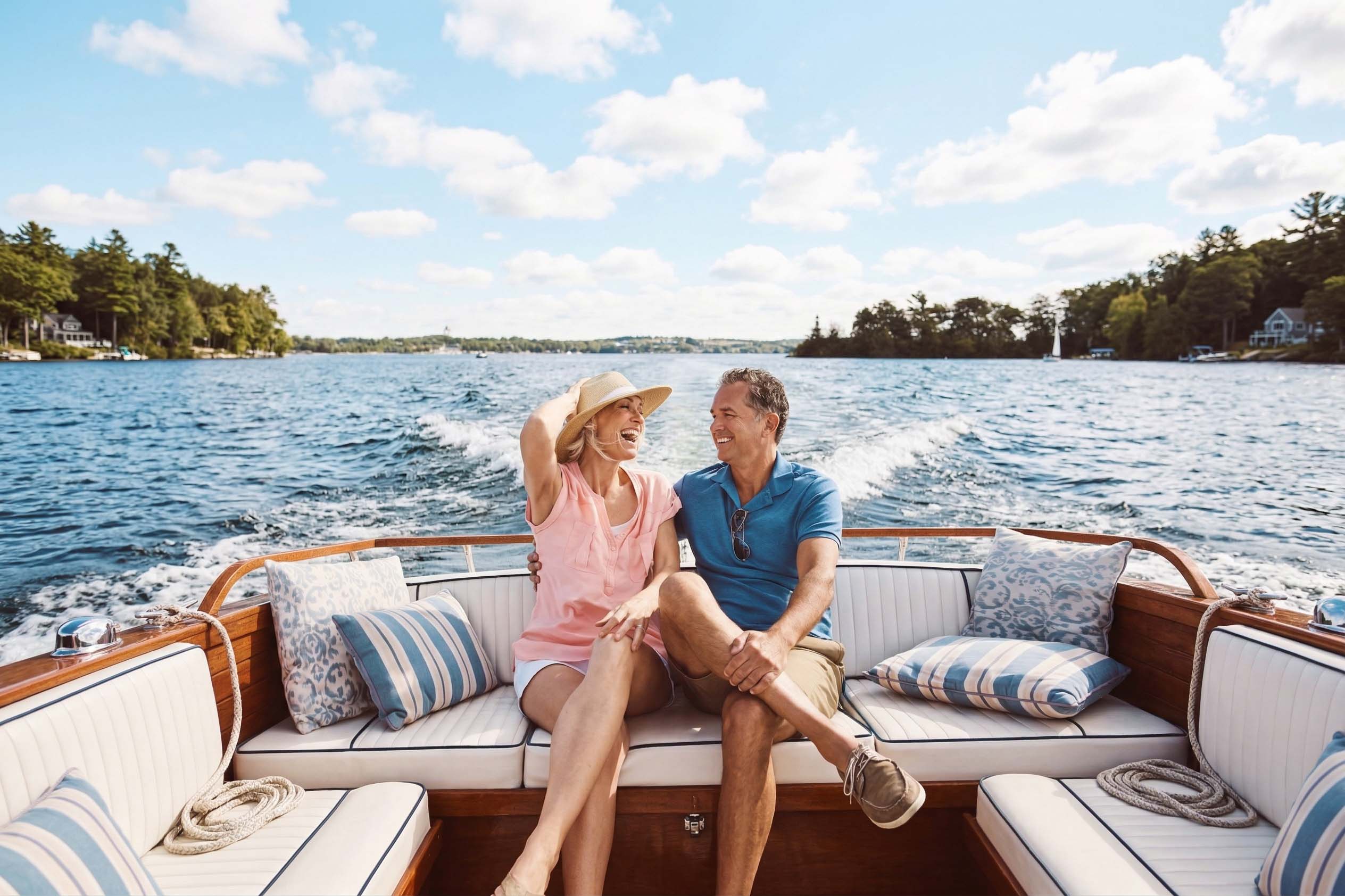 A retired couple discussing their future together outdoors on a boat