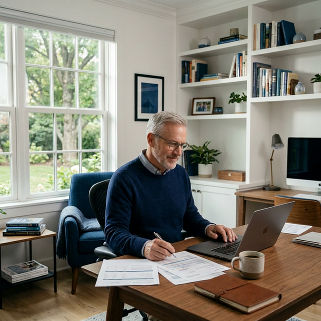 A confident man reviewing financial planning materials at his desk