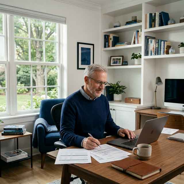 A confident man reviewing financial planning materials at his desk